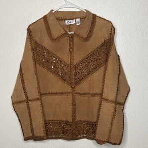 Carducci Women’s Chic Crochet-Trimmed Suede Leather Jacket Size S